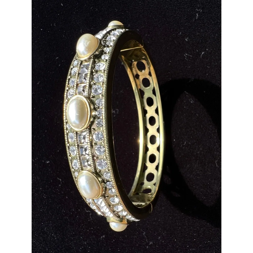 Heidi Daus Tantalizing Swarovski Crystal Faux Pearl Bronze Tone Hinged Bangle